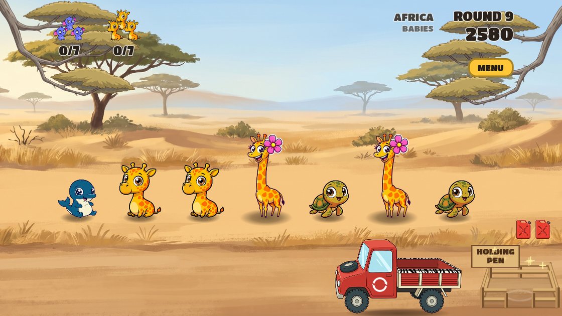 Tiny Matching Zoo — giraffes on the savanna, with the transfer truck and holding pen