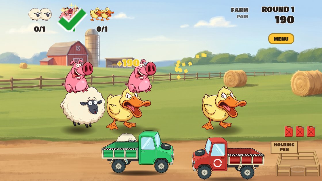 Tiny Matching Zoo — a pair of pigs flying to the goal on the farm